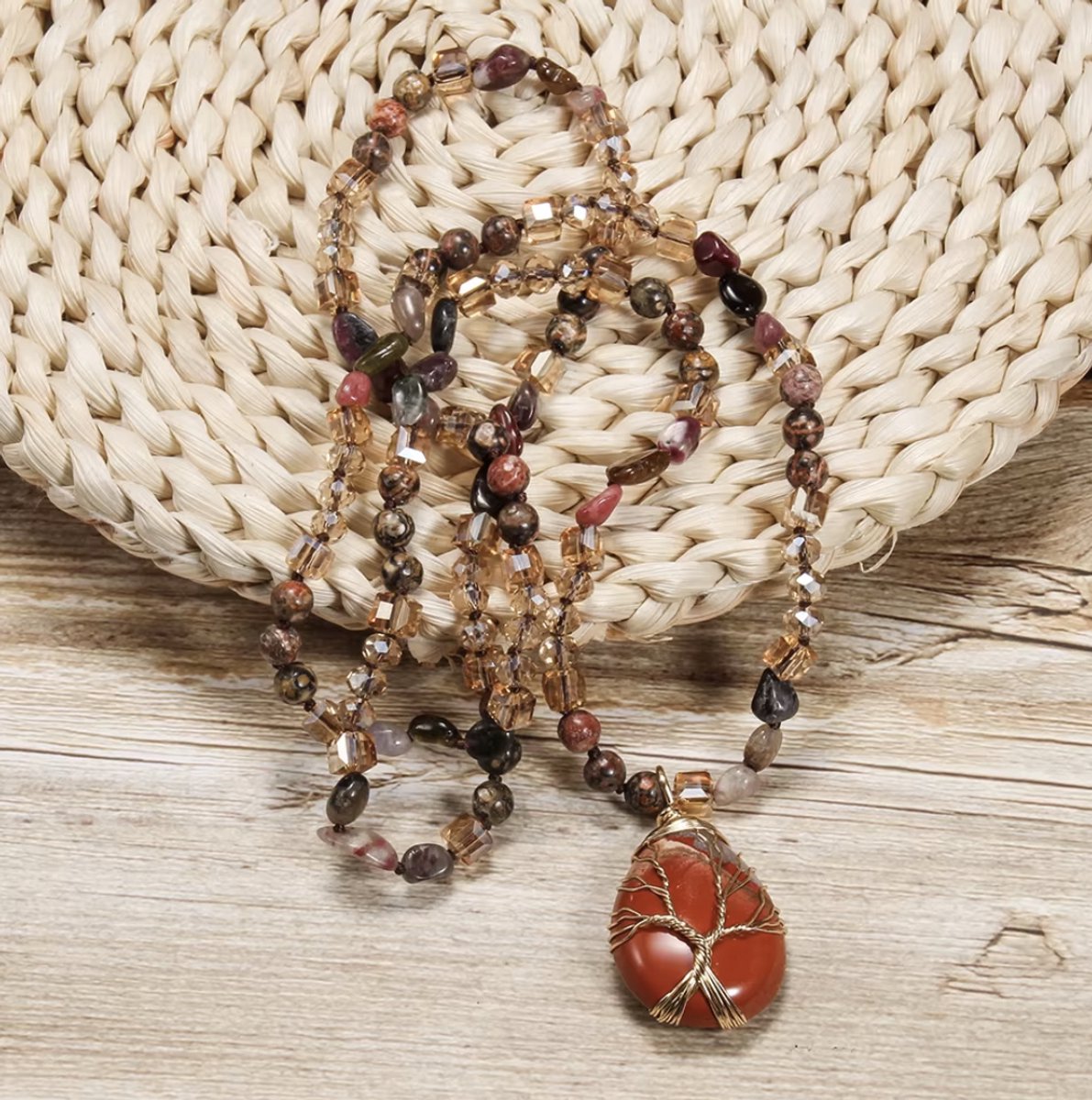 Elegant natural stone necklace with tree of life