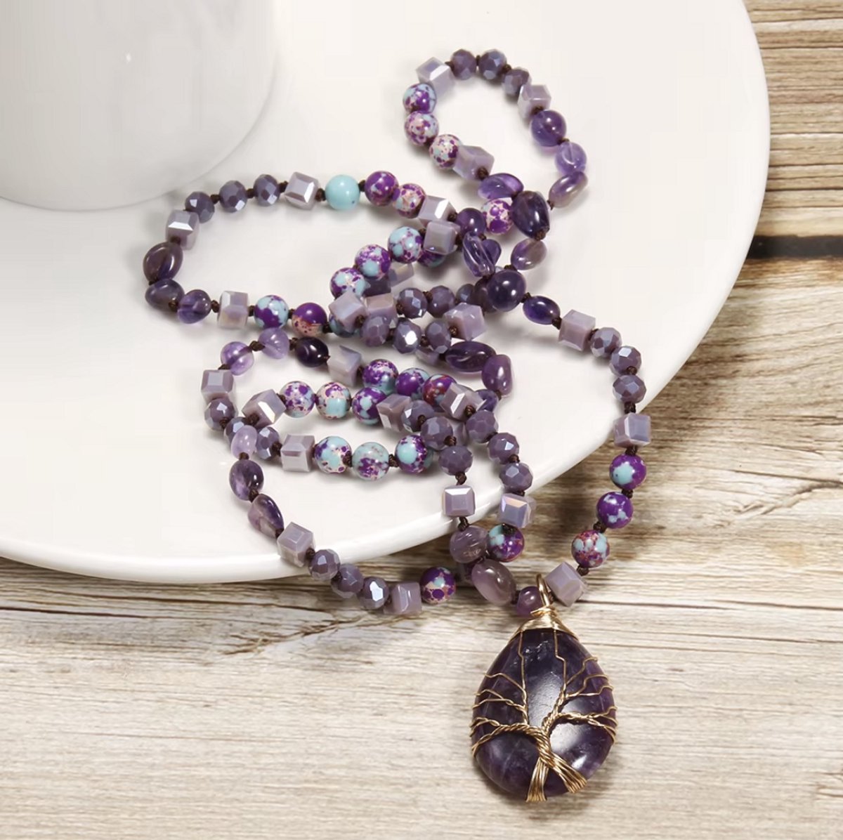 Elegant natural stone necklace with tree of life