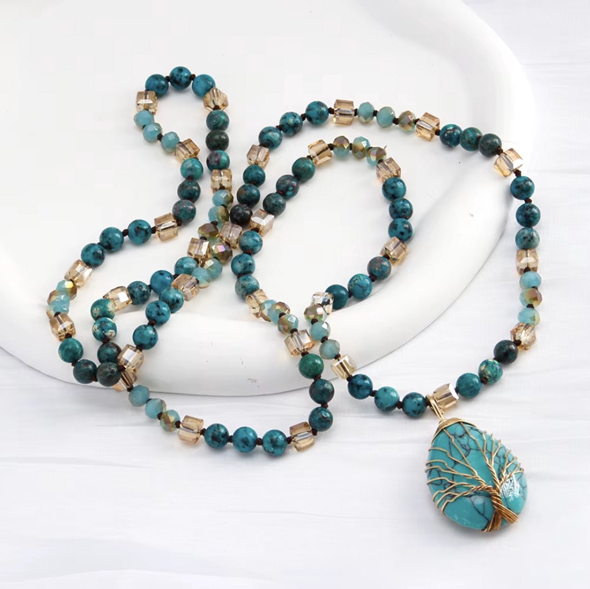 Elegant natural stone necklace with tree of life