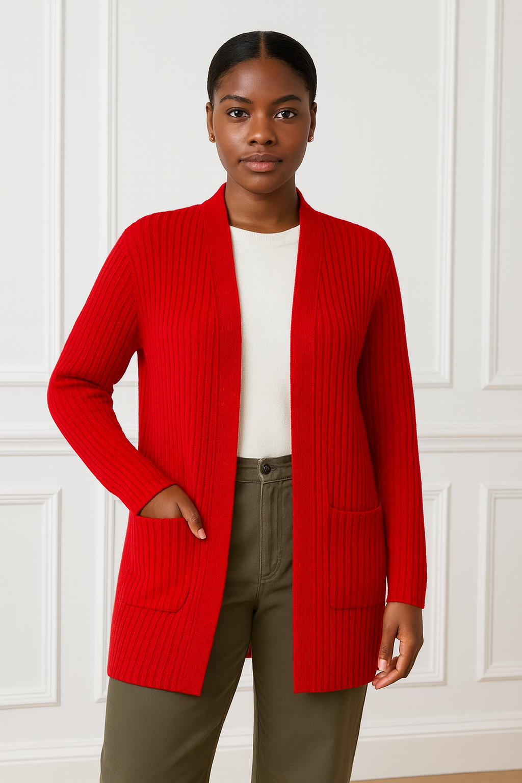 Elegant ribbed knitted cardigan with 2 pockets - One Size