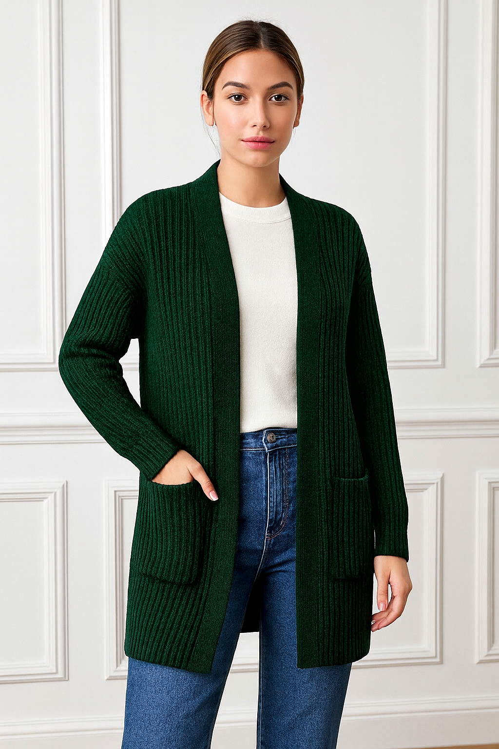 Elegant ribbed knitted cardigan with 2 pockets - One Size