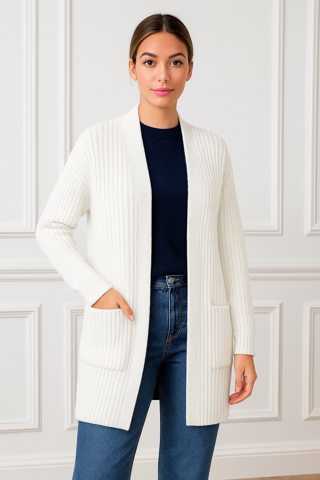 Elegant ribbed knitted cardigan with 2 pockets - One Size