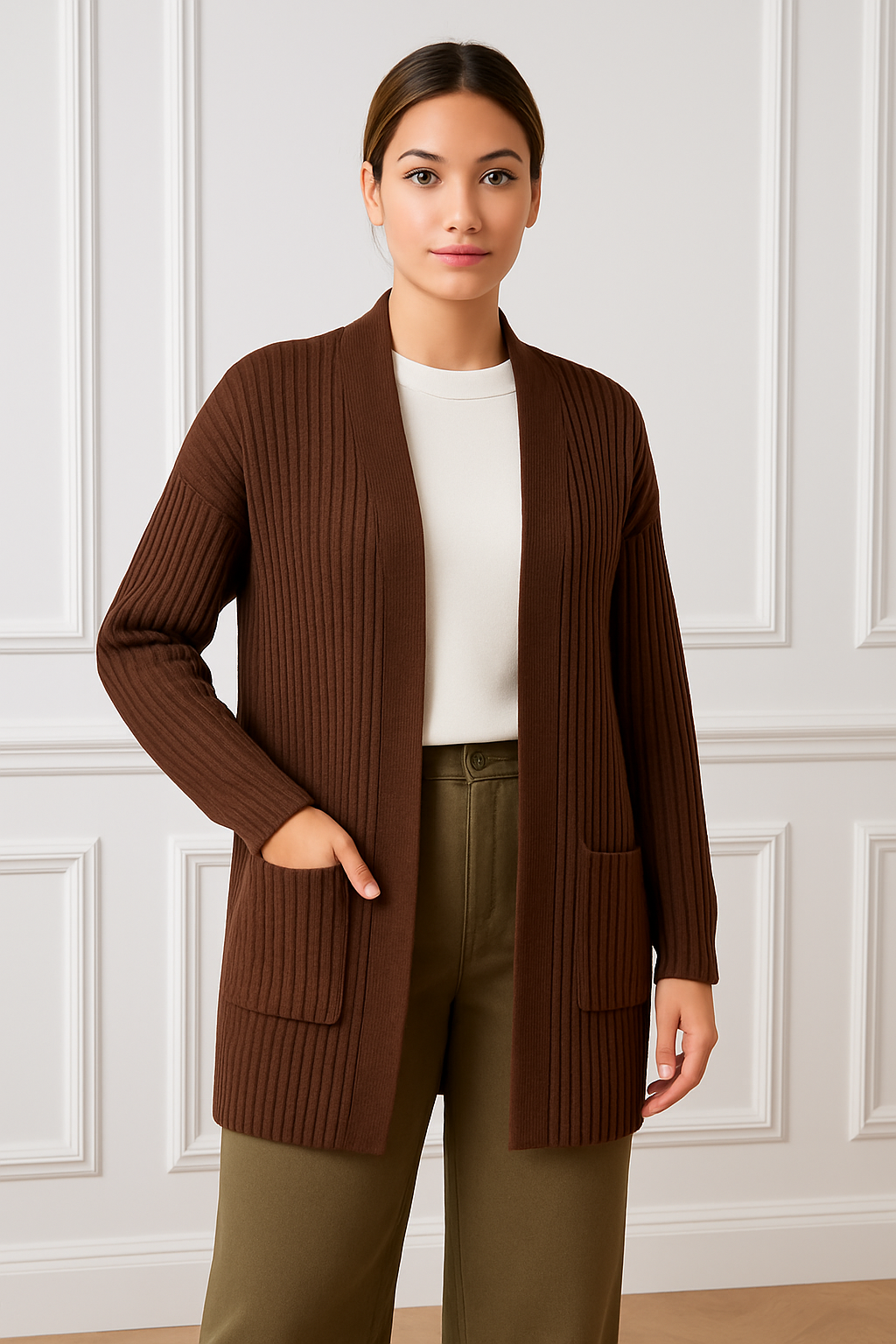 Elegant ribbed knitted cardigan with 2 pockets - One Size