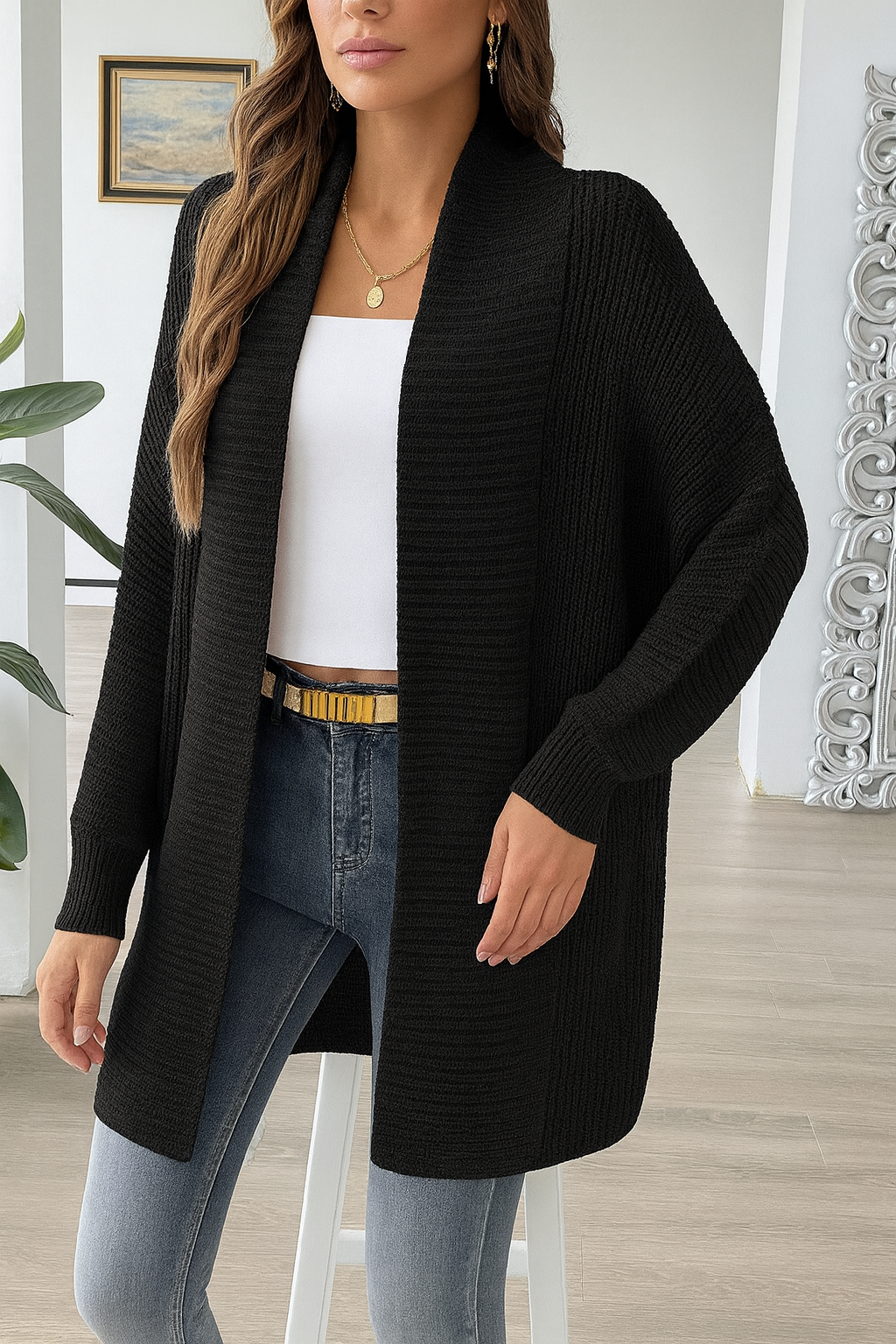 Beautiful ribbed knitted cardigan - Warm and comfortable - One Size