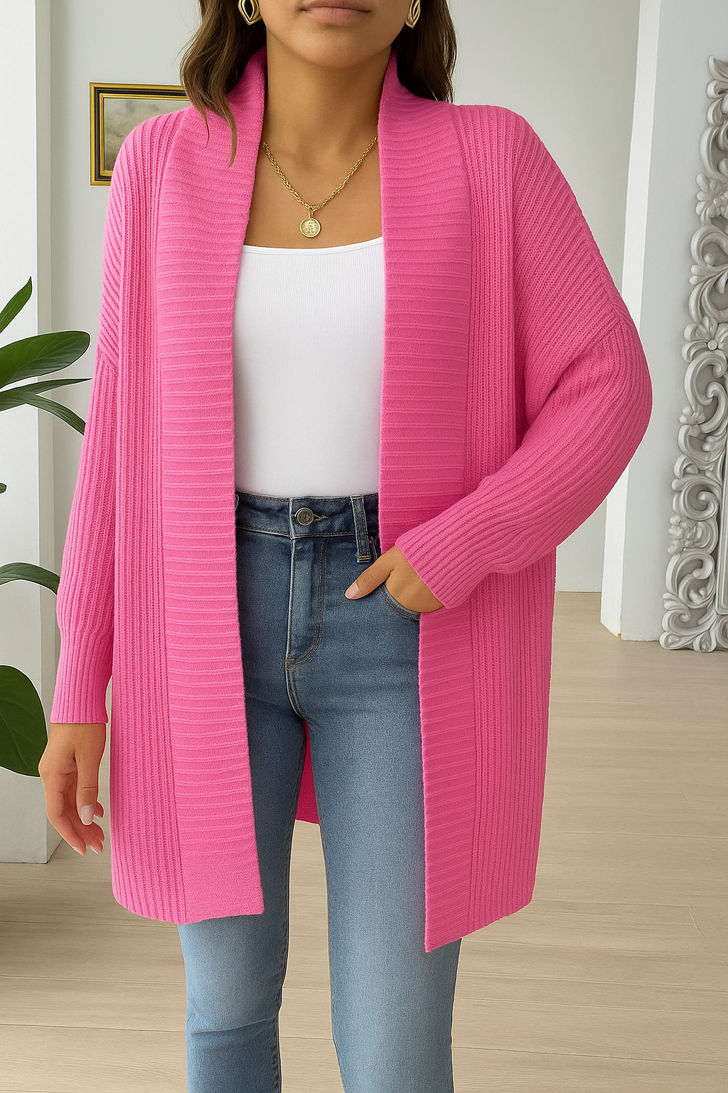 Beautiful ribbed knitted cardigan - Warm and comfortable - One Size