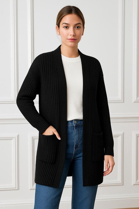 Elegant ribbed knitted cardigan with 2 pockets - One Size
