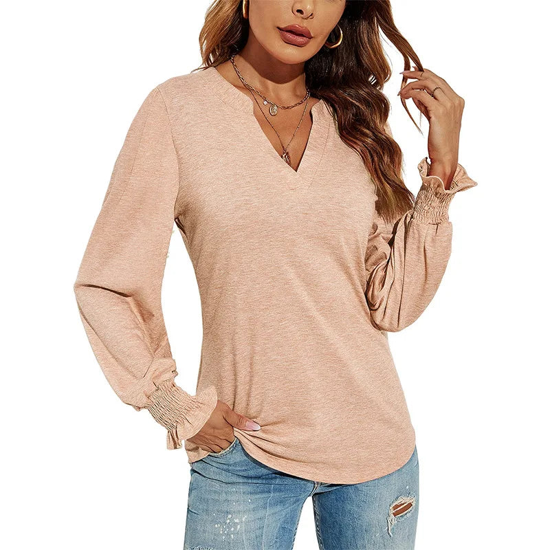 Blouse V-Neck Pleated Sleeves