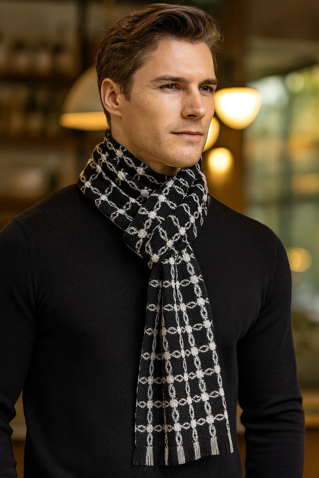 Checkered chain-link unisex winter scarf black and white