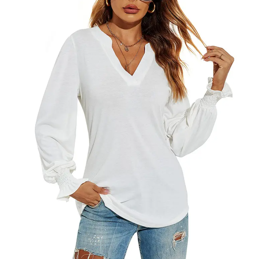 Blouse V-Neck Pleated Sleeves