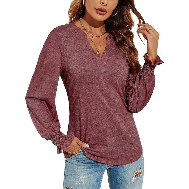 Blouse V-Neck Pleated Sleeves