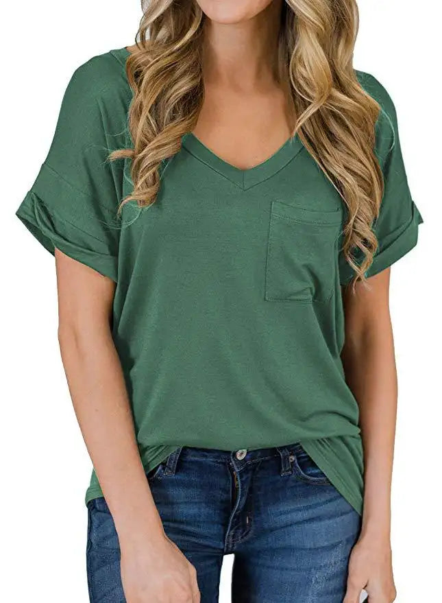 V-Neck Women's T-shirts with small pocket & rolled-up sleeves