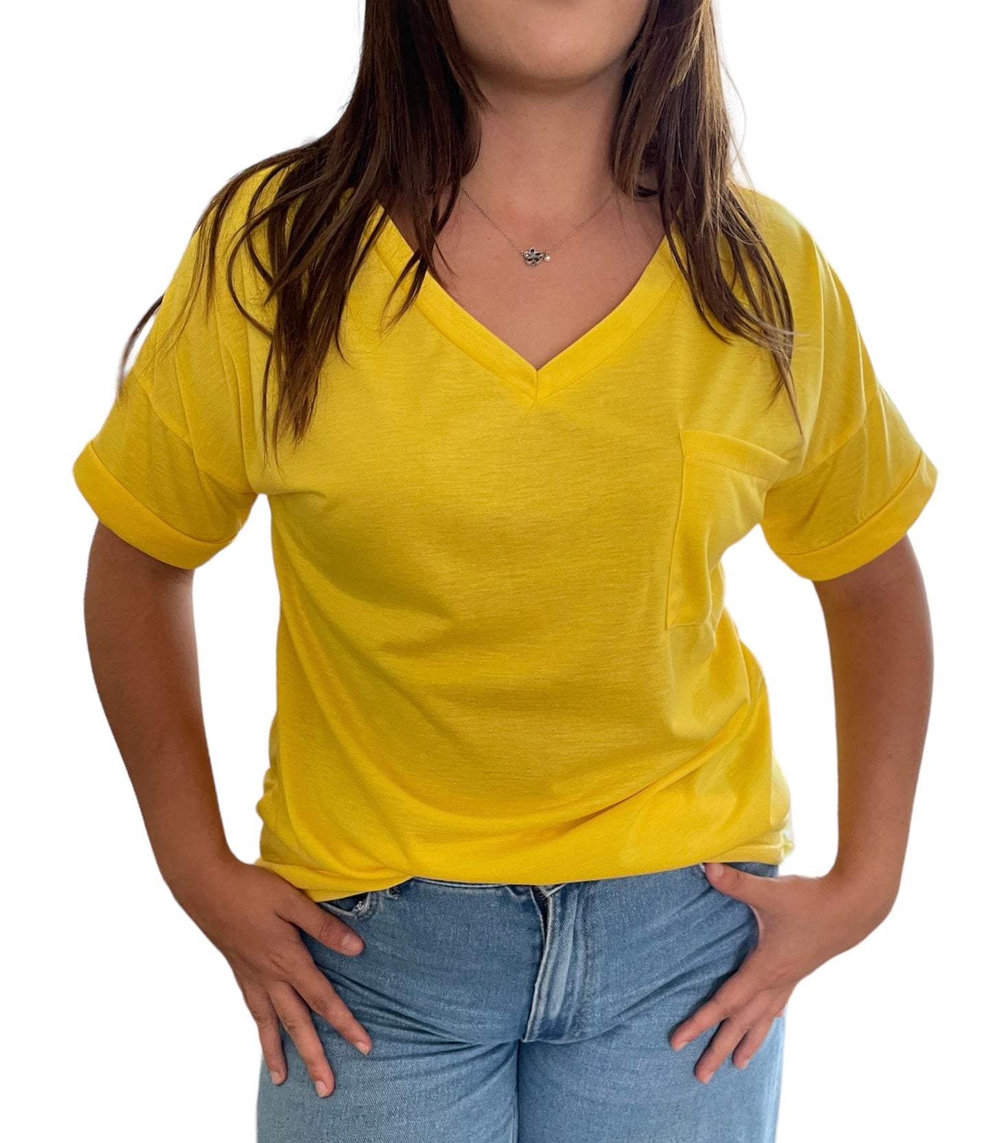 V-Neck Women's T-shirts with small pocket & rolled-up sleeves