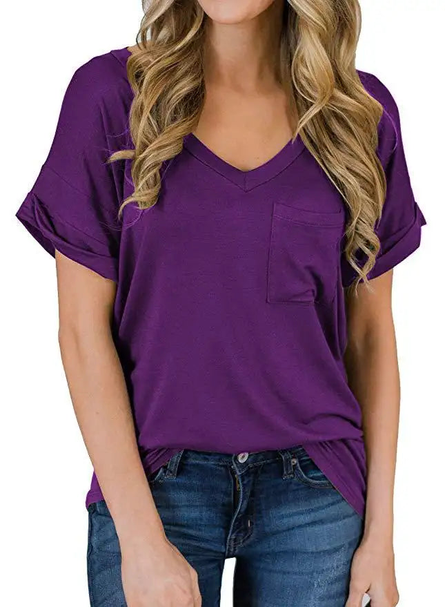 V-Neck Women's T-shirts with small pocket & rolled-up sleeves