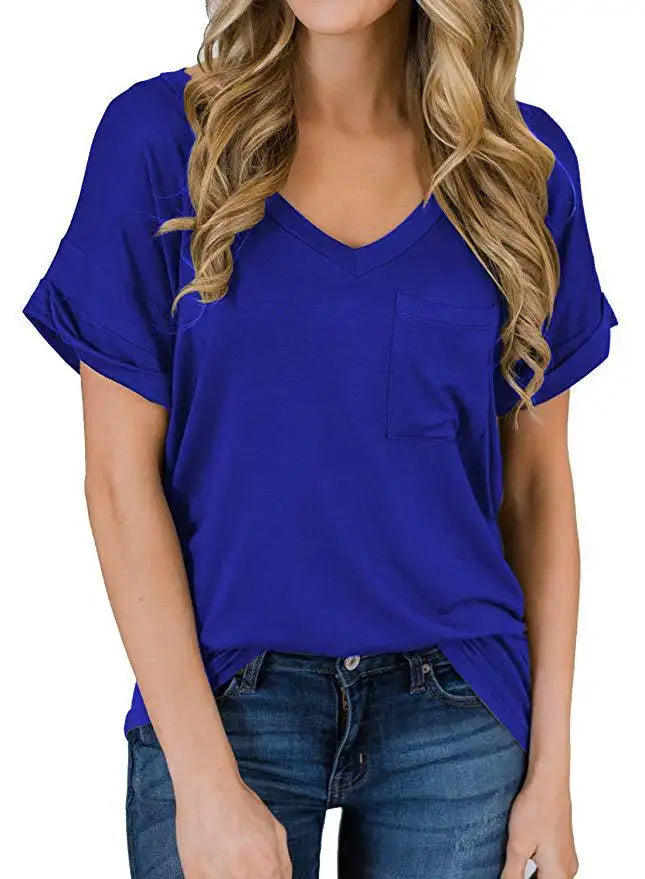 V-Neck Women's T-shirts with small pocket & rolled-up sleeves