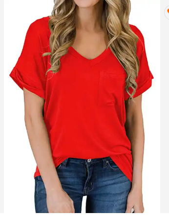 V-Neck Women's T-shirts with small pocket & rolled-up sleeves